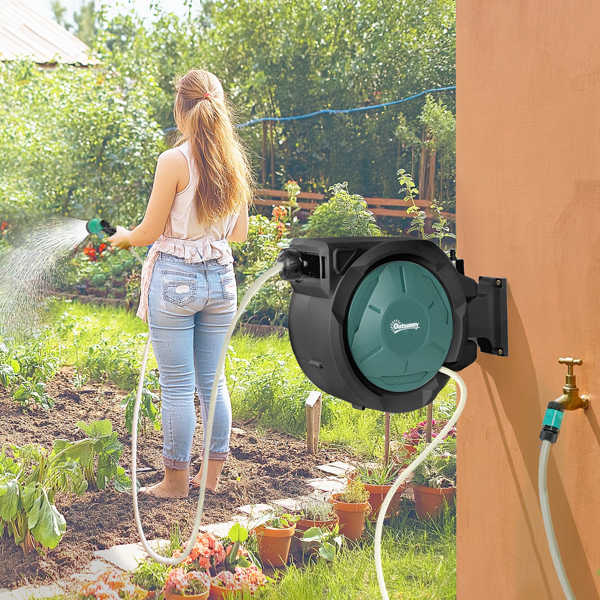 Outsunny Retractable Hose Reel Wall Mounted, 20+2m Garden Hose Pipe Reel with Lock, Auto Rewind, 7 in 1 Spray Nozzle, Includes Wall Fixings, 180° Swivel, Outdoor Watering, 54 x 20 x 39 cm, Black 