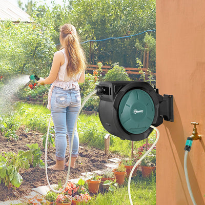 Outsunny Retractable Hose Reel Wall Mounted, 20+2m Garden Hose Pipe Reel with Lock, Auto Rewind, 7 in 1 Spray Nozzle, Includes Wall Fixings, 180° Swivel, Outdoor Watering, 54 x 20 x 39 cm, Black 