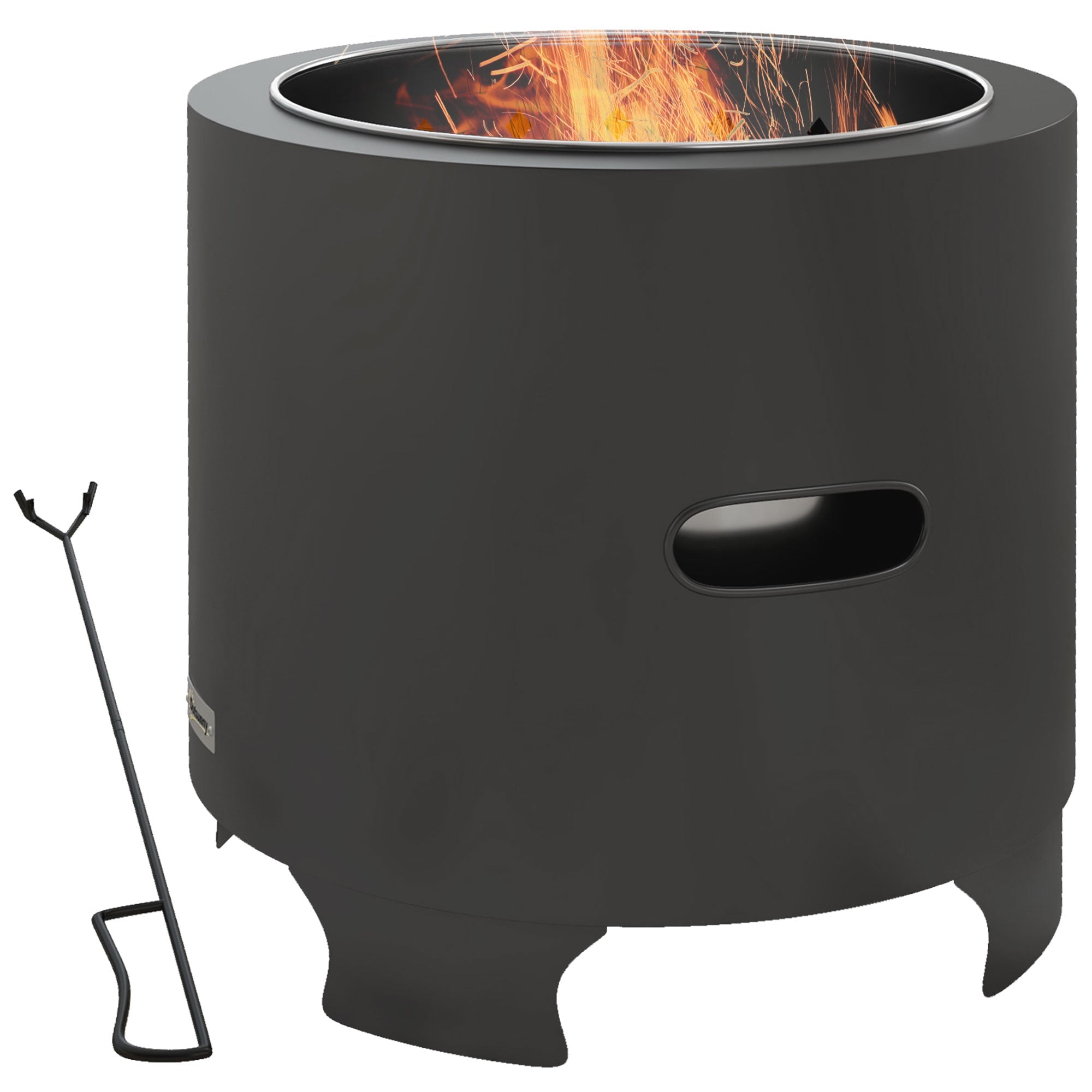 Outsunny Smokeless Fire Pit, 45cm Portable Wood Burning Firepit, Round Metal Bonfire Stove with Poker for Garden, Camping, Black 