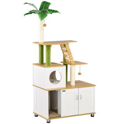 PawHut 2-in-1 Hidden Cat Litter Box, Green Leaf Cat Tree, with House, Ladder, Scratching Posts, Platforms, Indoors -Oak 
