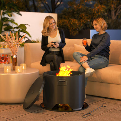 Outsunny Outdoor Round Fire Pit with Lid and Fire Poker - Black 