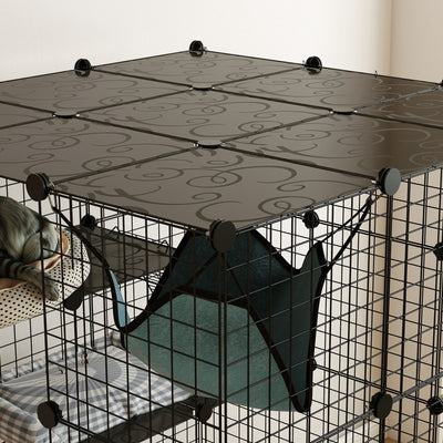 PawHut Steel Wire Cat Cage Indoor with Hammock, Ramps, Doors, DIY Cat Enclosure for 1-3 Cats, Black 