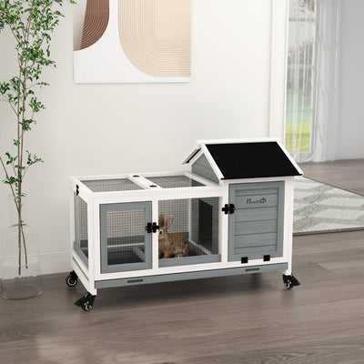 PawHut Wooden Rabbit Hutch, Guinea Pig Cage, with Removable Tray, Wheels - Grey 