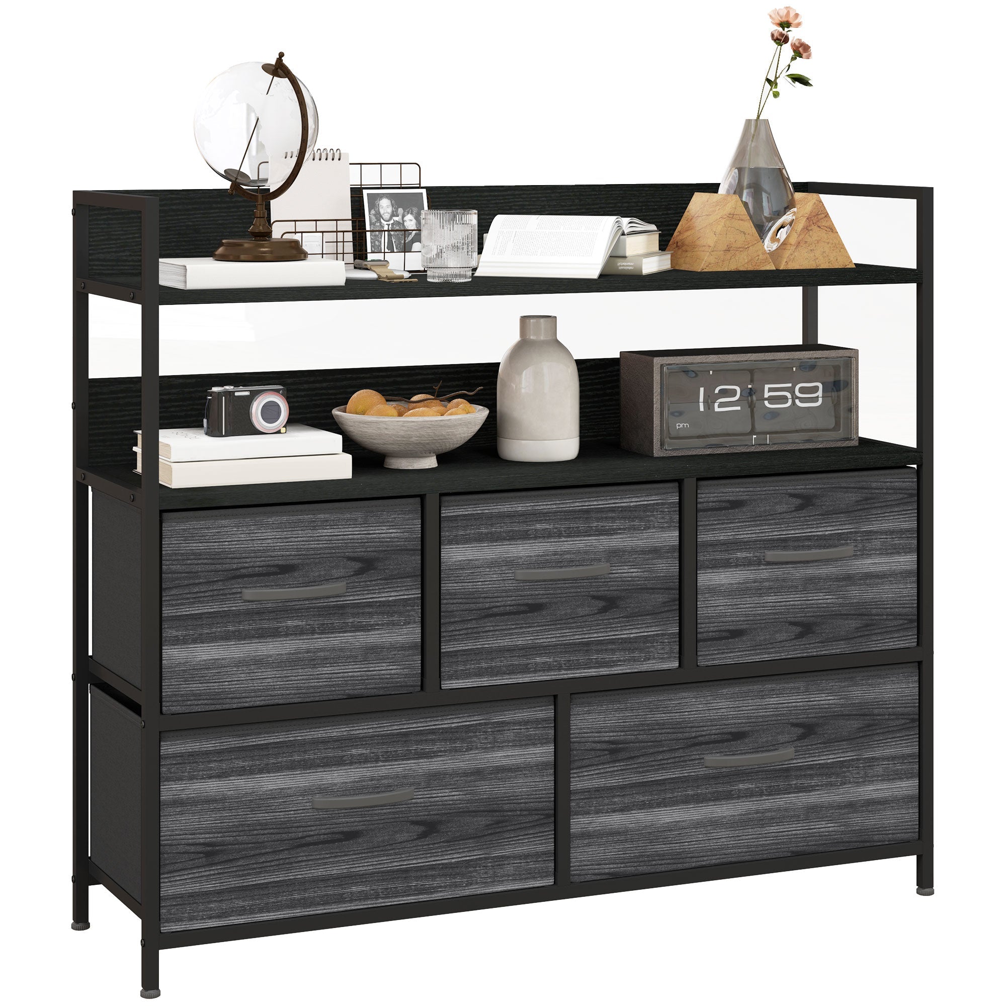 HOMCOM Rustic Chest of Five Fabric Drawers - Black 