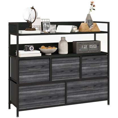 HOMCOM Rustic Chest of Five Fabric Drawers - Black 