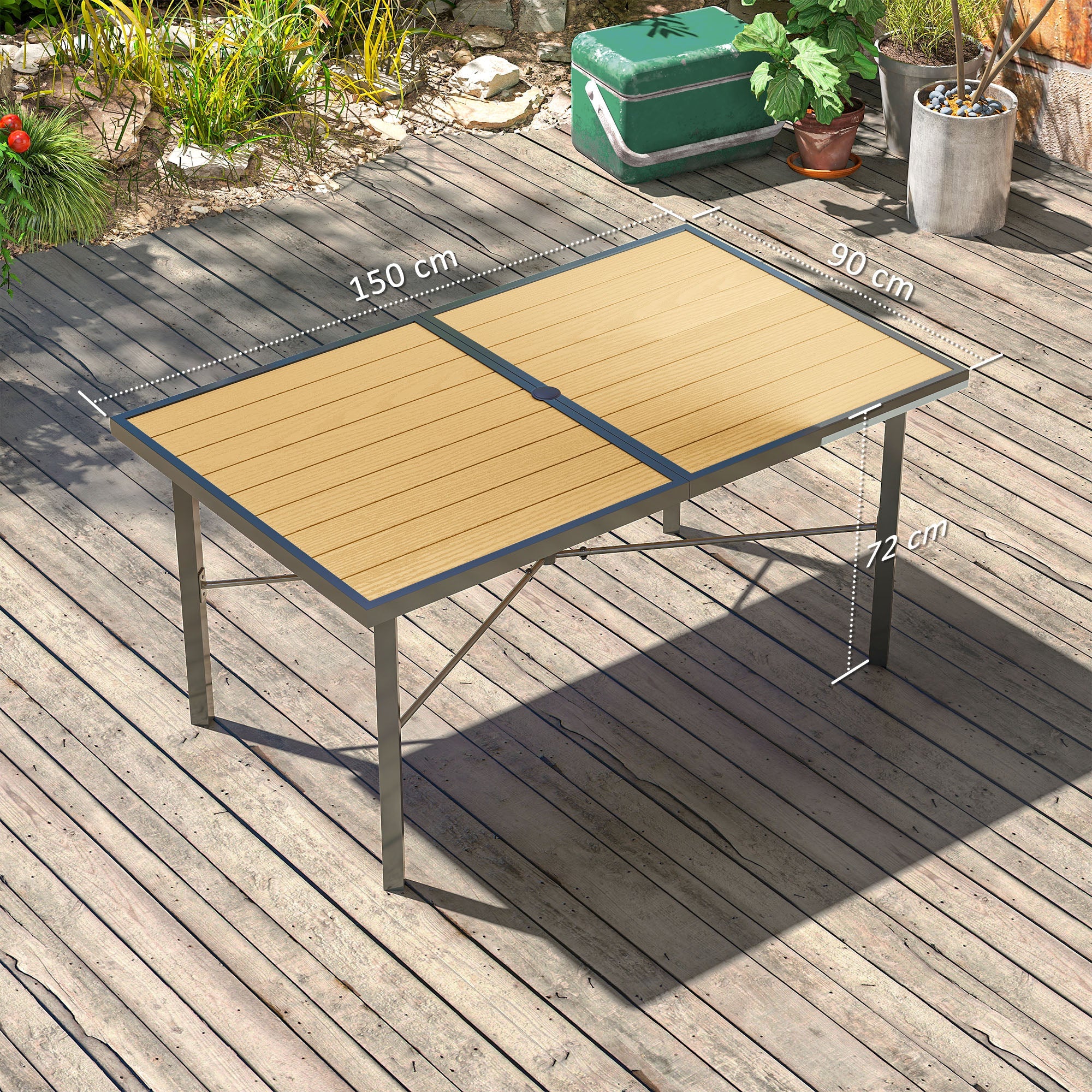 Outsunny Garden Table for 6, Outdoor Dining Table with 5cm Umbrella Hole, Wood Effect Top, Rust Resistant Frame, for Patio, Balcony, Terrace, 150 x 90 cm 