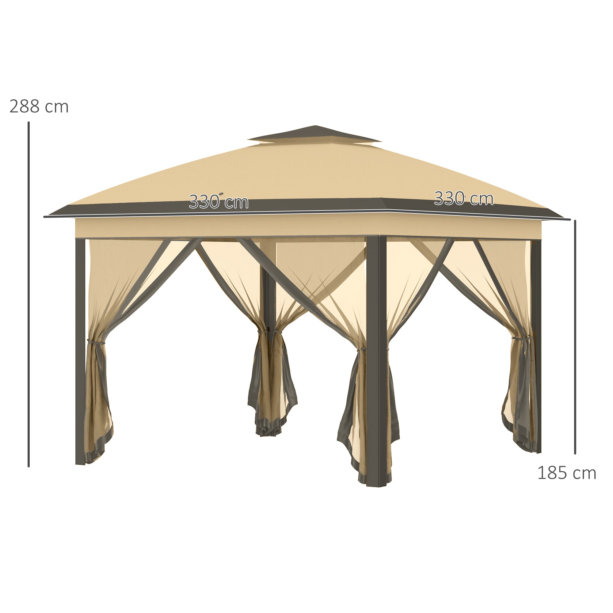 Outsunny 3.3 x 3.3m Pop Up Gazebo, Double Roof Foldable Canopy Tent with Zipped Mesh Sidewalls, Height Adjustable and Carrying Bag, Event Tent for Patio Garden, Beige