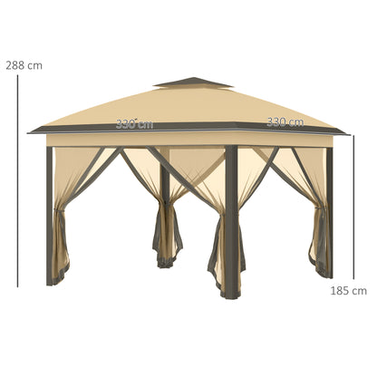 Outsunny 3.3 x 3.3m Pop Up Gazebo, Double Roof Foldable Canopy Tent with Zipped Mesh Sidewalls, Height Adjustable and Carrying Bag, Event Tent for Patio Garden, Beige