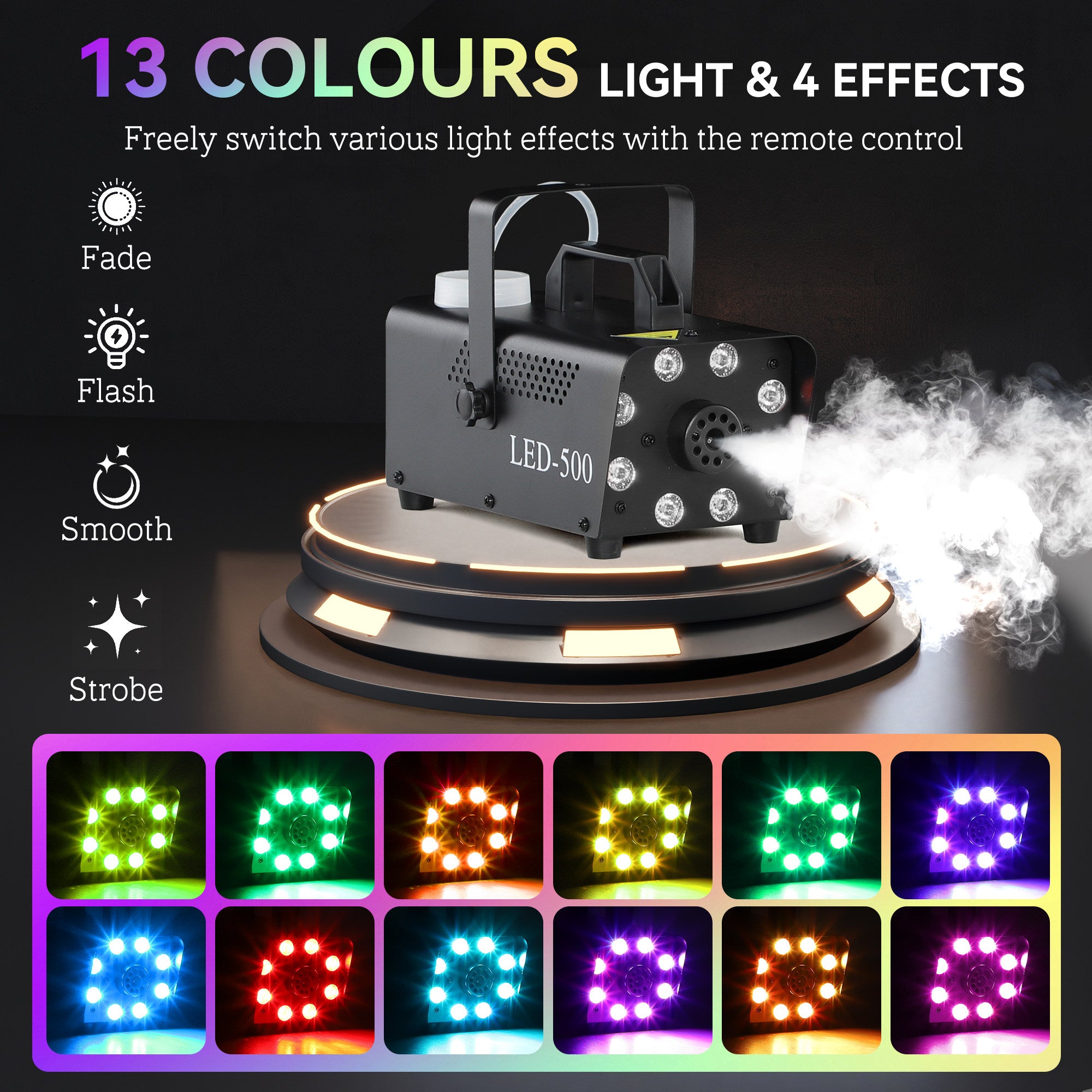 HOMCOM Smoke Machine with 3 RGB LED Lights with 13 Colours and 4 Effects, 450W 2000CFM Fog Machine with Wired and Wireless Remote Controls for Halloween Christmas Wedding Party Disco Dj Stage Effect 