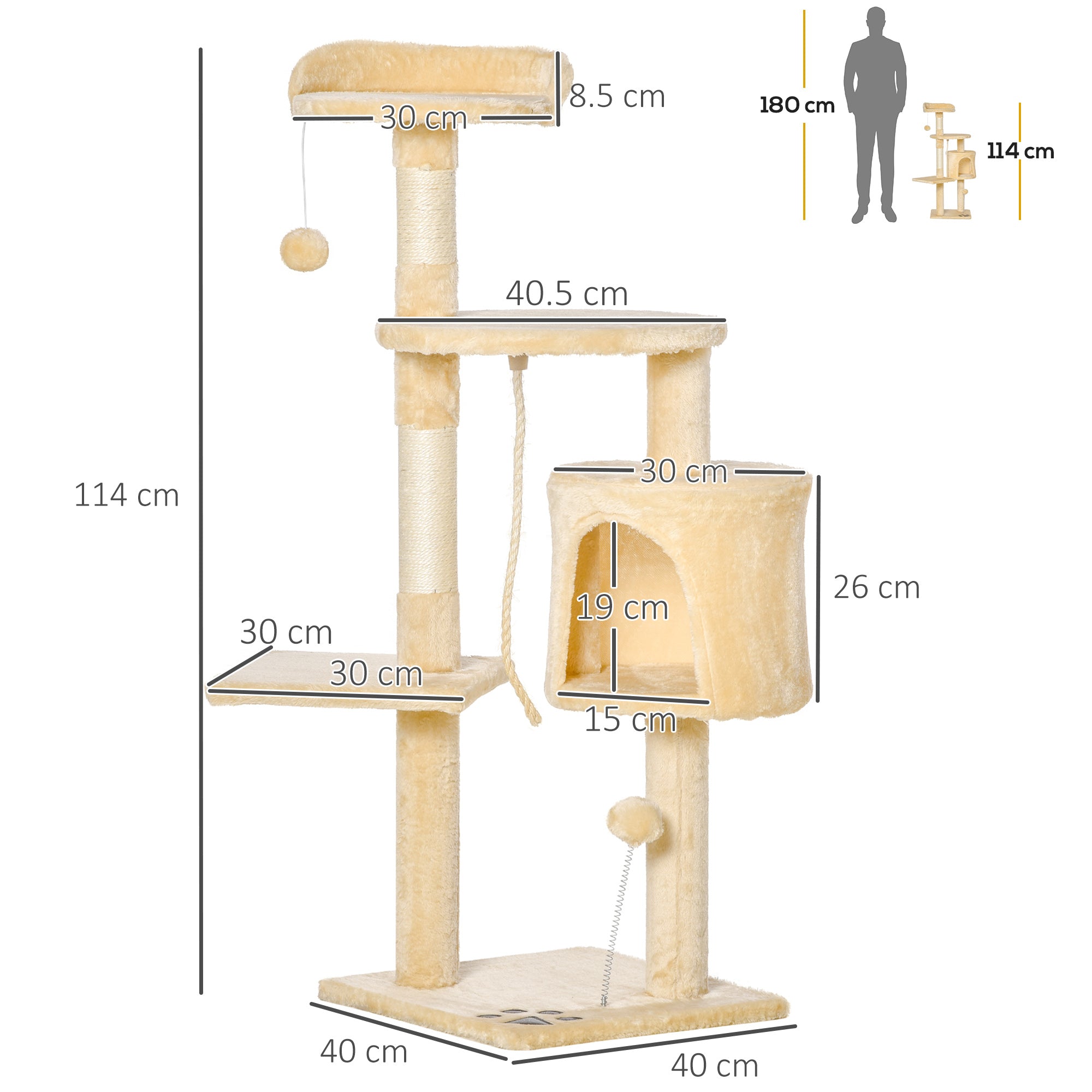 PawHut Cat Tree for Indoor Cats Pet Activity Centre Kitty Condo Climbing Scratching Post with Toys 4-tier 114cm Tall Beige 
