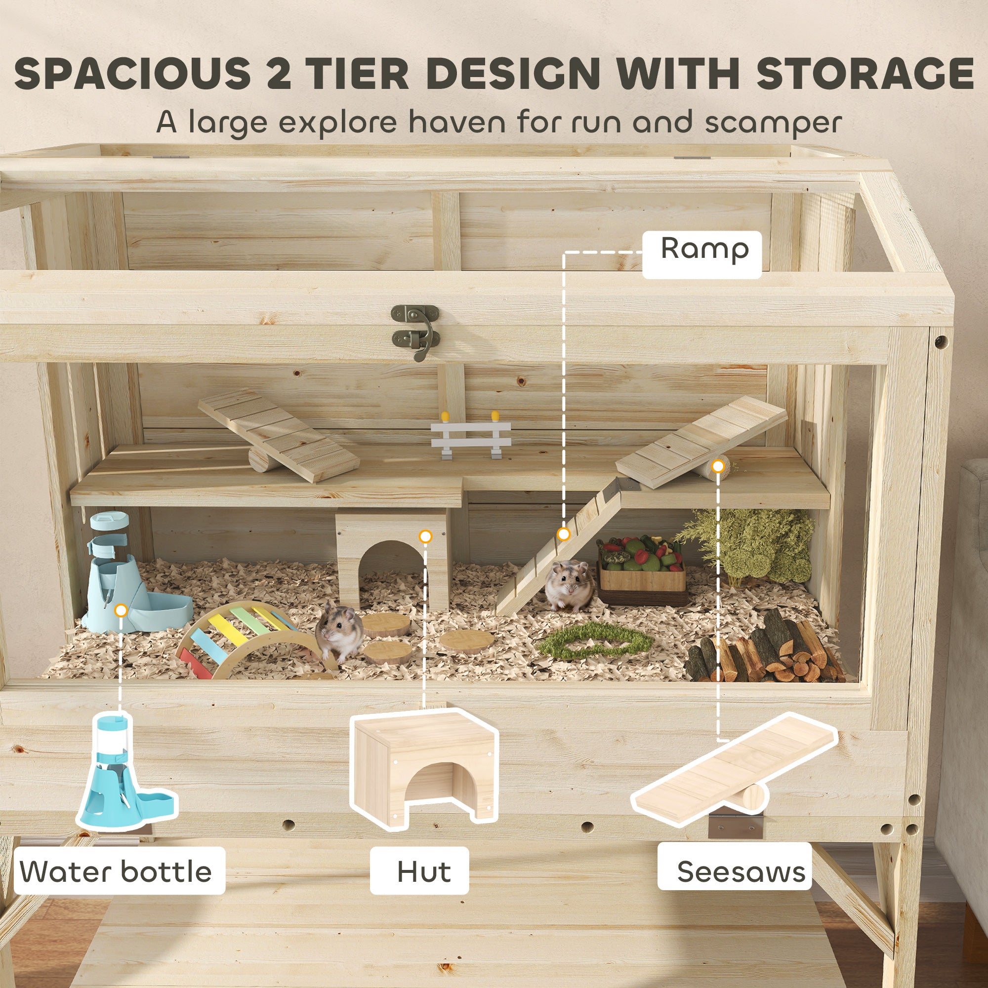 PawHut 2 Tier Wooden Hamster Cage with Shelf and Openable Top 