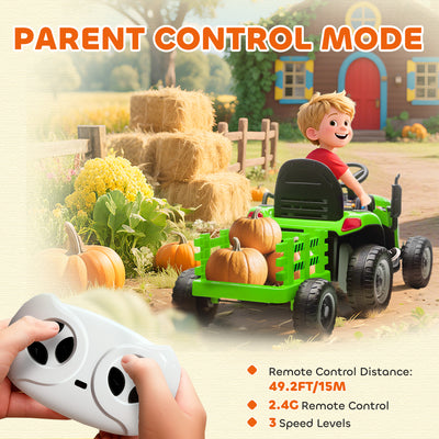 AIYAPLAY 12V Ride on Tractor and Trailer with Remote Control, Music, Shifter, Start-Up Sound, for Kids Ages 3-8 Years, Green 