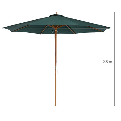 Outsunny 3(m) Wooden Patio Umbrella, Pulley Operated Garden Parasol with Rope Pulley Mechanism and 8 Ribs, Dark Green 