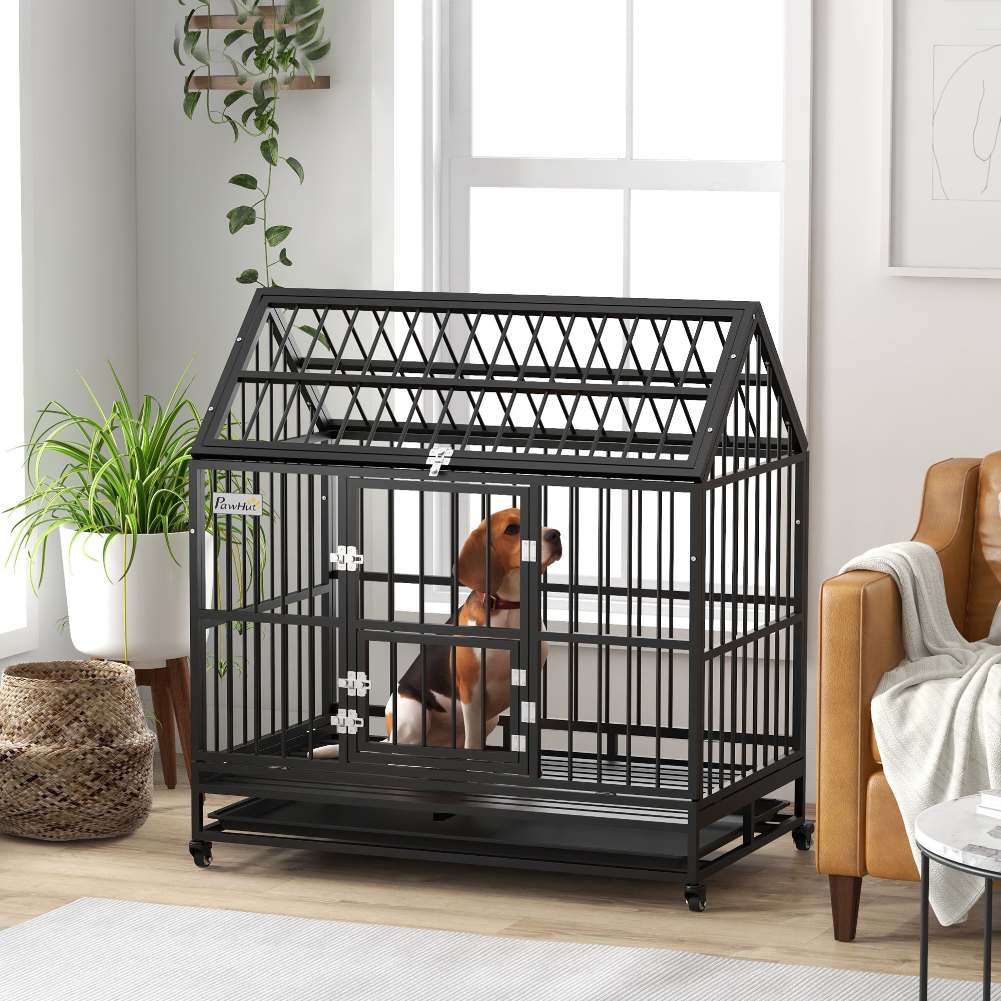 PawHut 48" Heavy Duty Dog Crate on Wheels, with Removable Tray, Openable Top, for L, XL Dogs - Black 