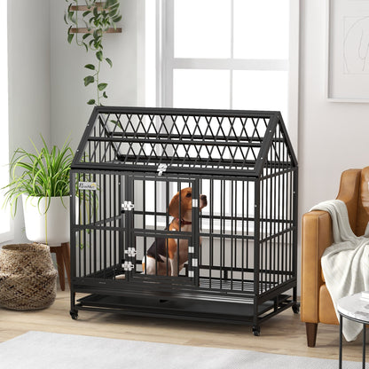 PawHut 48" Heavy Duty Dog Crate on Wheels, with Removable Tray, Openable Top, for L, XL Dogs - Black 