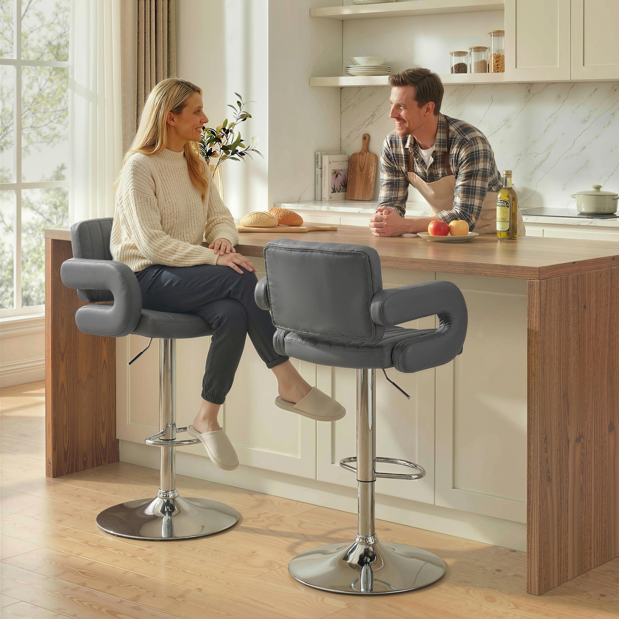 HOMCOM Bar Stools Adjustable Swivel Kitchen Chairs with Backrest Armrest Set of 2 PU Leather Grey 