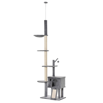 PawHut 270cm Floor To Ceiling Cat Tree Cat House Scratching Post for Indoor Cats Hammock Hanging Ball Activity Center Grey 