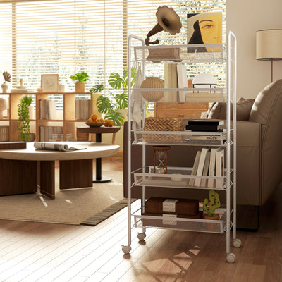 HOMCOM Five-Steel Mesh Basket Storage Trolley, with Wheels - White 