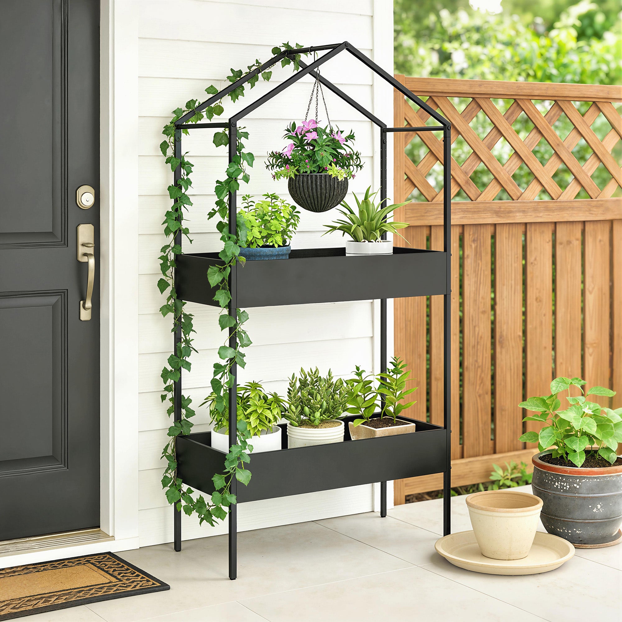 Outsunny 2 Tier Plant Stand, Outdoor Indoor Metal Plant Stand with Hook, House-Shaped Pots Holder Display Rack, Black 