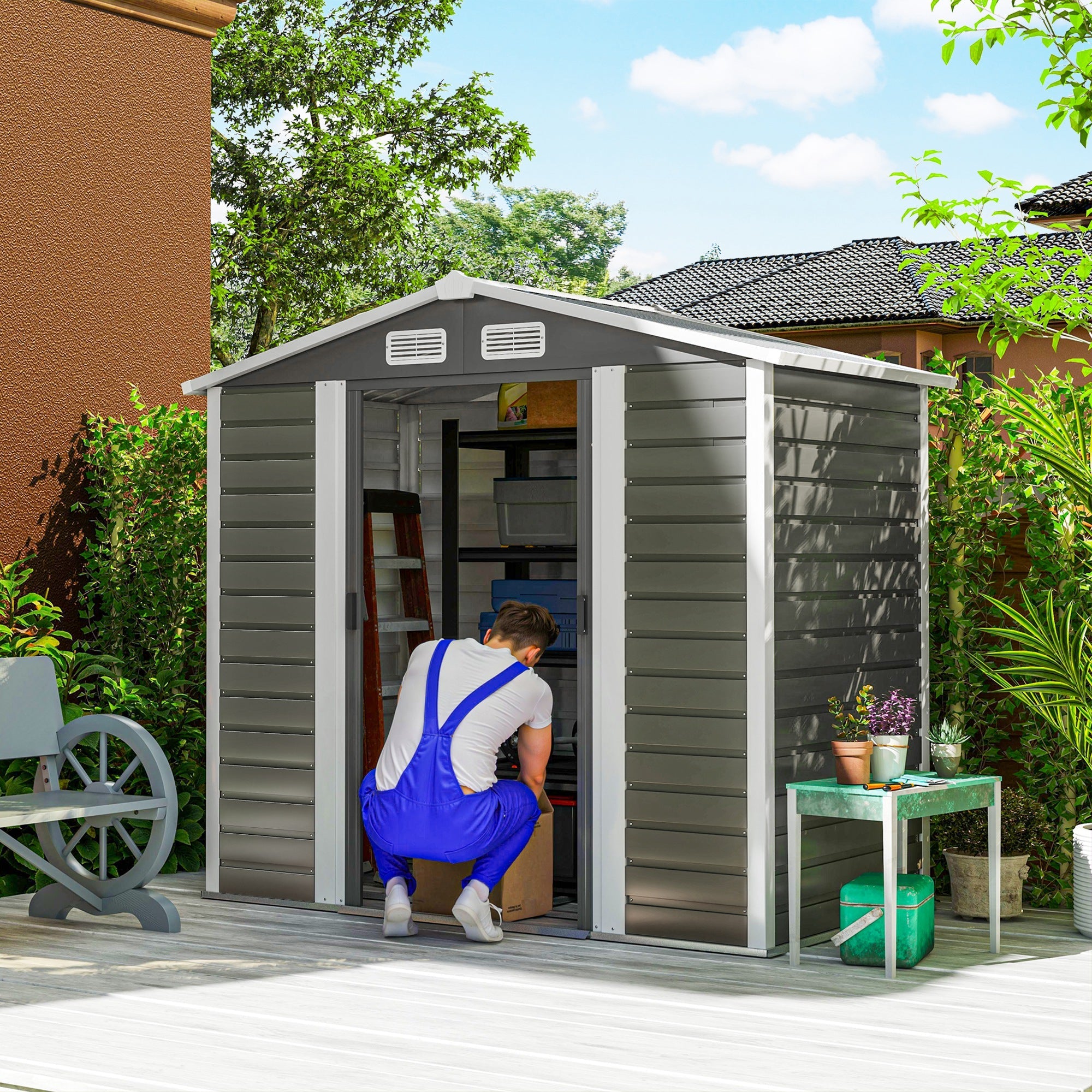 Outsunny 7 x 4ft Garden Shed, Easy to Assemble, Upgraded Galvanised Steel Frame with Foundation Kit, Double Doors with Lock, Outdoor Metal Shed with Vents and Gloves, Garden Storage Shed, Dark Grey 