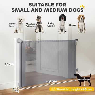 PawHut Retractable Dog Gate, Extends to 140 cm Wide & 93 cm Tall, Mesh Pet Gate with Single Hand Operation, for Stairs Doorways 