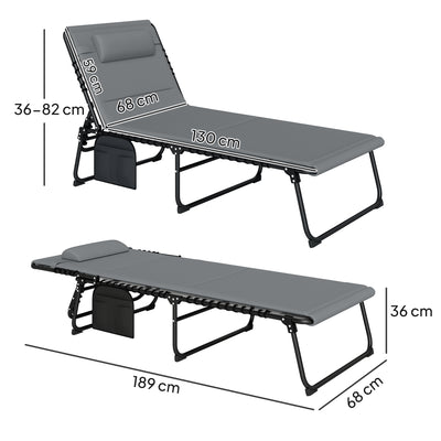 Outsunny Folding Sun Loungers Set of 2, Recliner Garden Chairs with Quick Drying Pad Headrest Side Pocket, Garden Sun Loungers for Beach Pool, Charcoal Grey 