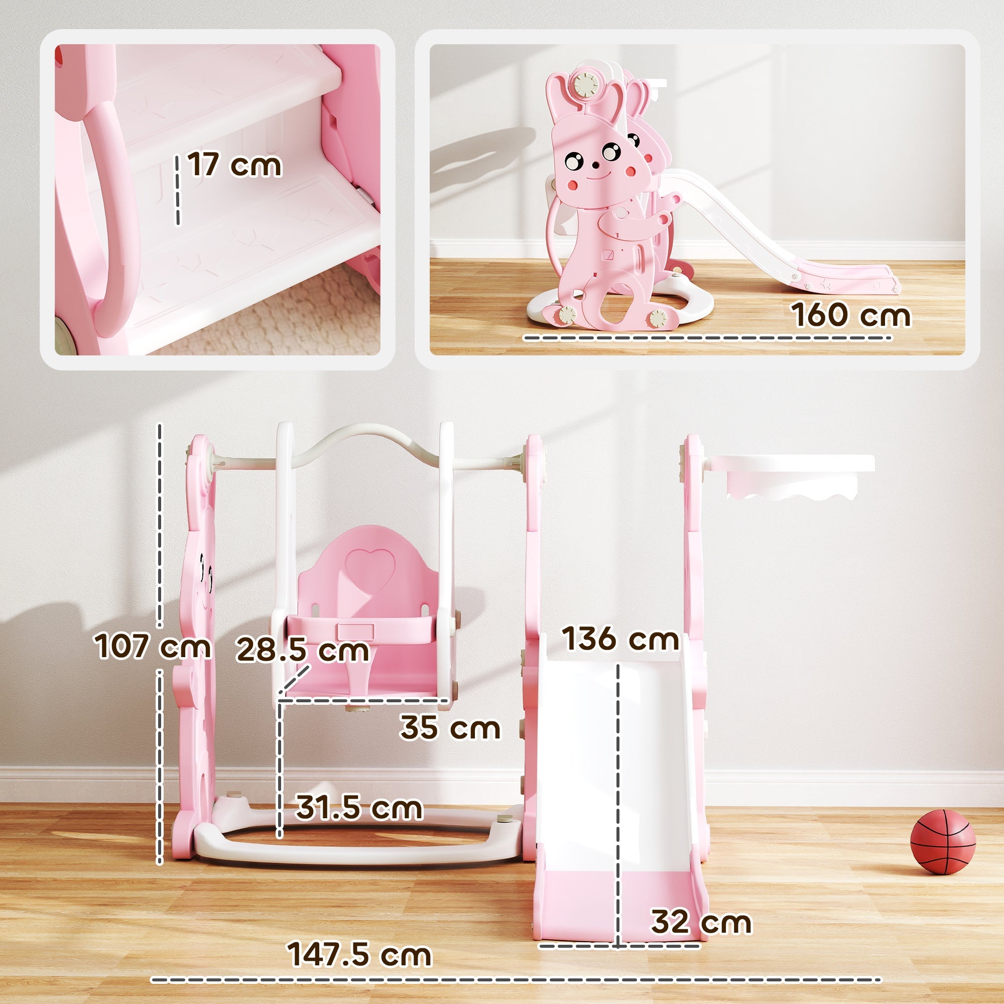 AIYAPLAY 4 in 1 Kids Slide and Swing Set with Climber, Basketball Hoop, Rabbit-Themed, Pink 