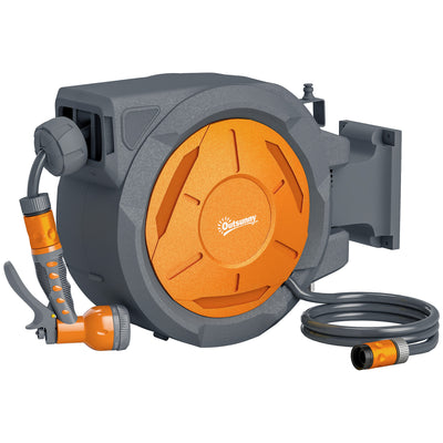 Outsunny Retractable Hose Reel Wall Mounted, 30+2m Garden Hose Pipe Reel with Lock, Auto Rewind, 7 in 1 Spray Nozzle, Includes Wall Fixings, 180° Swivel, Outdoor Watering, Orange 