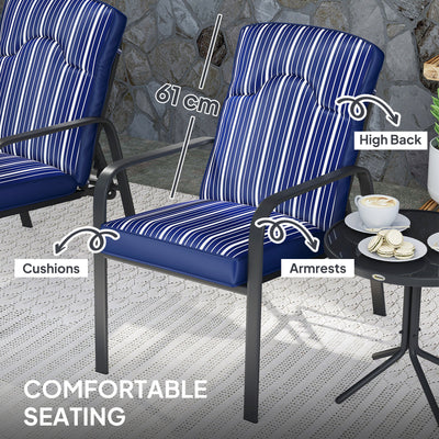 Outsunny 3-Piece Patio Bistro Set, 5-Position Adjustable Recliner Garden Chairs and Tempered Glass Table, Garden Furniture Set with Cushions, High Back, Armrests, Metal Frame for Balcony Patio, Blue 