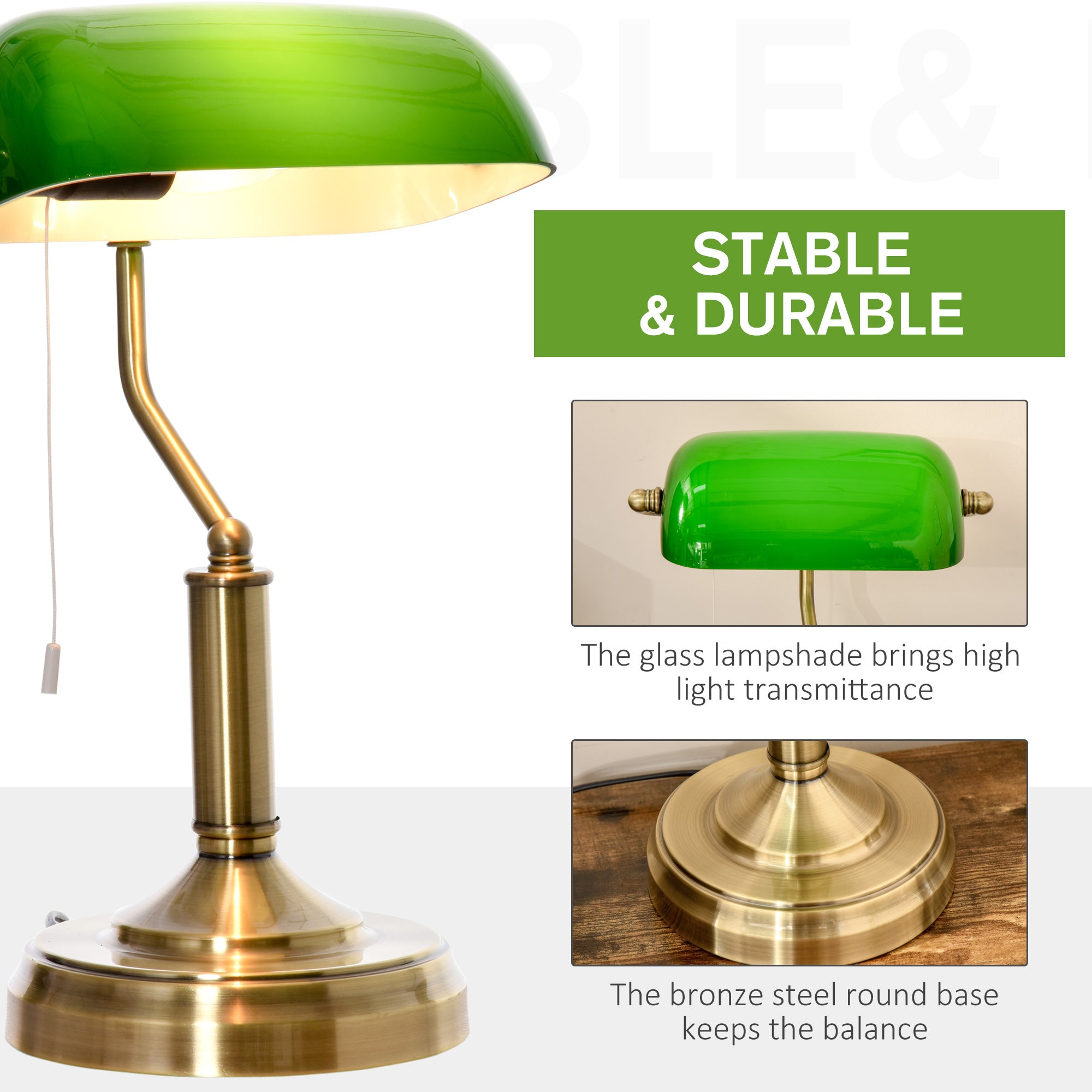 HOMCOM Banker's Table Lamps Set of 2, Desk Lamps with Antique Bronze Tone Base, Green Glass Shade and Pull Rope Switch for Home Office, Living Room, Bedroom, Dining Room, Green 