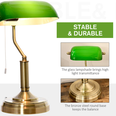 HOMCOM Banker's Table Lamps Set of 2, Desk Lamps with Antique Bronze Tone Base, Green Glass Shade and Pull Rope Switch for Home Office, Living Room, Bedroom, Dining Room, Green 