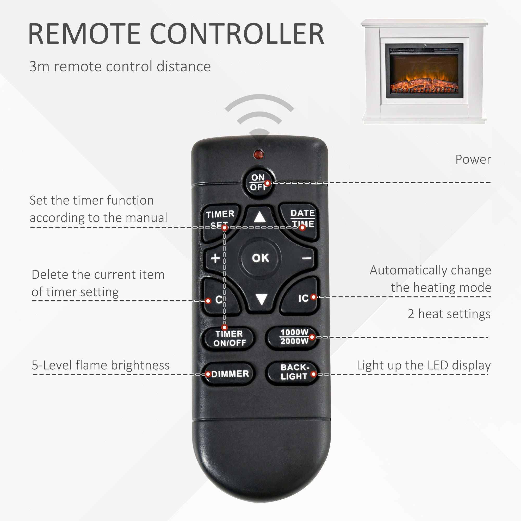 HOMCOM Electric Fireplace Suite with Remote Control, 1kW/2kW Freestanding Fireplace Heater with LED Flame Effect, Overheat Protection, 7-day Programmable Timer 