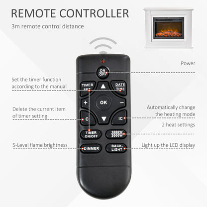HOMCOM Electric Fireplace Suite with Remote Control, 1kW/2kW Freestanding Fireplace Heater with LED Flame Effect, Overheat Protection, 7-day Programmable Timer 