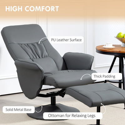 HOMCOM Swivel Recliner Chair with Footstool, PU Leather Armchair and Ottoman with High Back and Round Base for Living Room, Grey 
