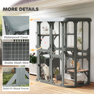 PawHut Catio Outdoor Cat Enclosure,  Wooden Cat House with Platforms, Condo and Waterproof Cover for 2–3 Kittens, Grey 