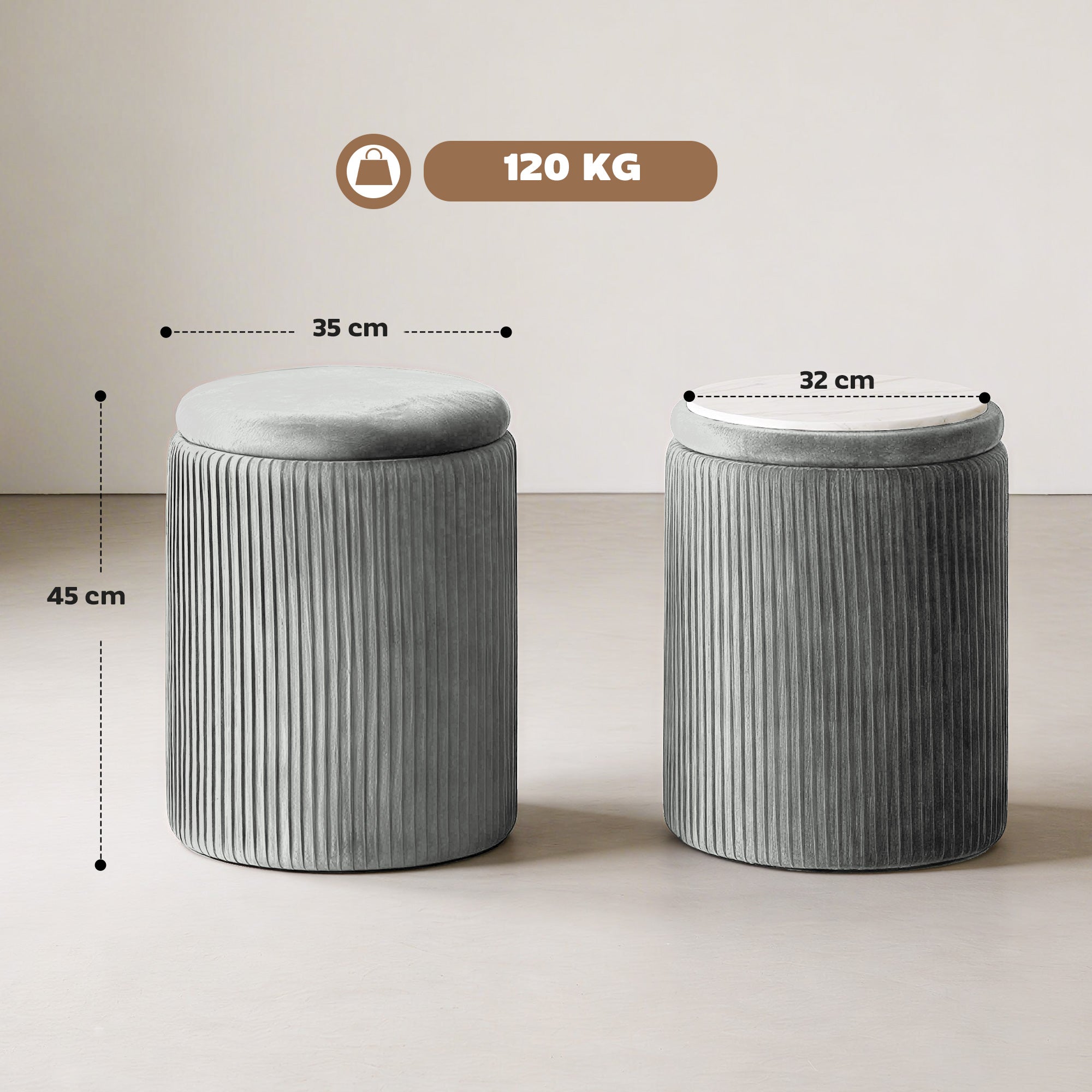HOMCOM Storage Ottoman Modern Velvet Round Foot Stool for Living Room Bedroom 45 cm Grey 