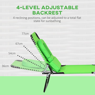 Outsunny Outdoor Foldable Sun Lounger Set of 2, 4 Level Adjustable Backrest Reclining Sun Lounger Chair with Pillow and Reading Hole, Green 