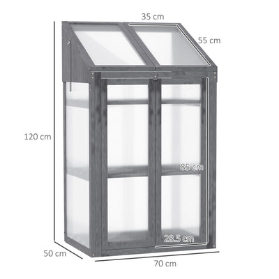 Outsunny Wooden Cold Frame Polycarbonate Greenhouse with Openable Top Cover and Double Door, Grow House for Flower, Vegetable and Plants, 70 x 50 x 120cm, Grey 