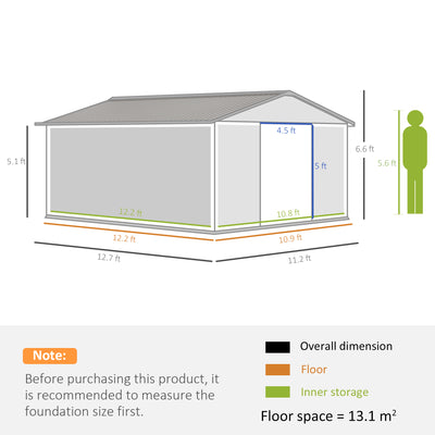 Outsunny 13 x 11ft Garden Metal Storage Shed Outdoor Storage Shed with Foundation Kit Ventilation & Doors, Light Grey 