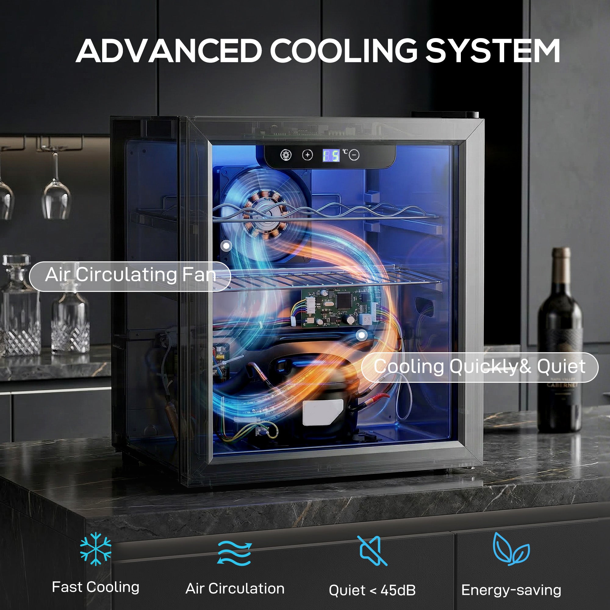 HOMCOM 12 Bottle Wine Cooler, 36 Litre Capacity, 4-16°C Under Counter Drinks Beer Wine Fridge with Glass Door, LED Light, Black 