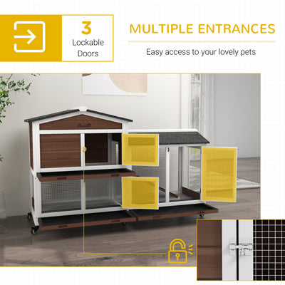 PawHut Wooden Two-Tier Pet Hutch with Wheels, Run - Brown 