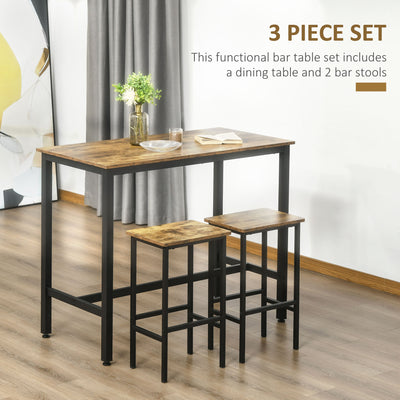HOMCOM Industrial Bar Table Set, Breakfast Table with 2 Stools, 3-Piece Counter Height Dining Table & Chairs for Kitchen, Living Room, Rustic Brown 