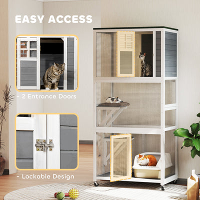 PawHut Wooden Catio Cat Outdoor Enclosure, Cat Cage with Waterproof Roof, Platforms, for Multiple Cats, White 