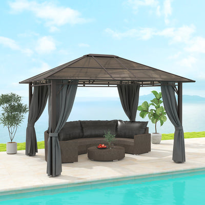 Outsunny 3 x 3.6m Hardtop Gazebo Canopy with Polycarbonate Roof Garden Pavilion with Removable Curtains and Steel Frame, Dark Grey 