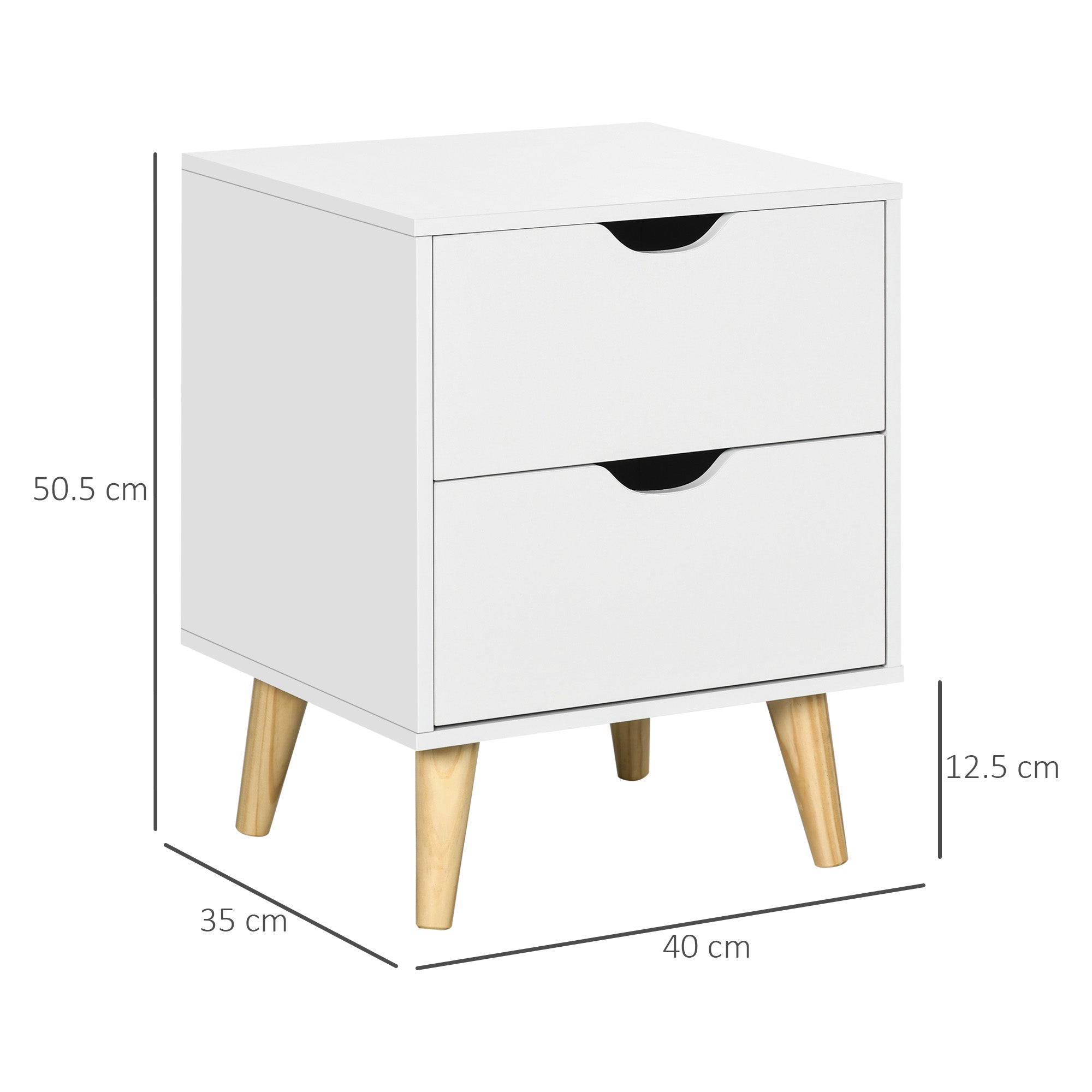 HOMCOM Bedside Table, Bedside Cabinet with 2 Drawers, Side End Table with Pine Wood Legs for Bedroom Living Room, White 