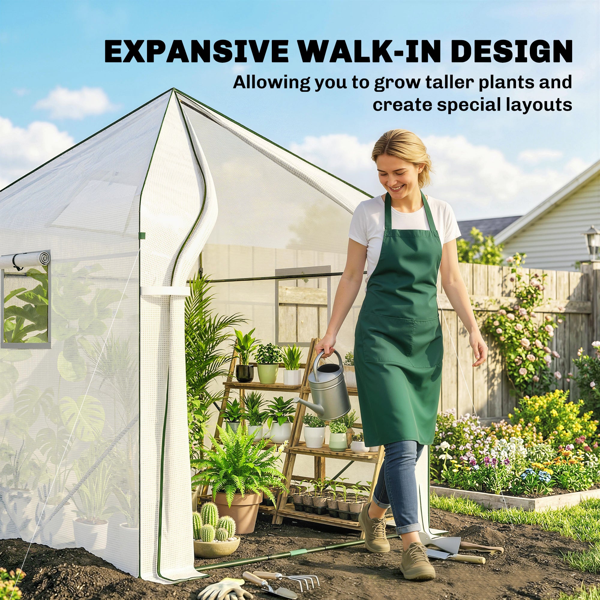 Outsunny Walk-in Greenhouse for Outdoors with Steel Frame, Large Plant House with Roll-up Door and PE Ground Cover, White 