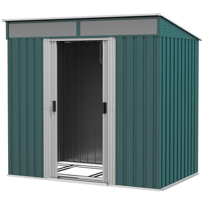 Outsunny 6.5 x 4FT Galvanised Metal Shed with Foundation Kit, Lockable Tool Garden Shed with Double Sliding Doors, Vents, Green 
