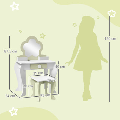 ZONEKIZ Kids Vanity Table with Mirror and Stool, Drawer, Storage Boxes, Flower Design, for Ages 3-6 Years - White 