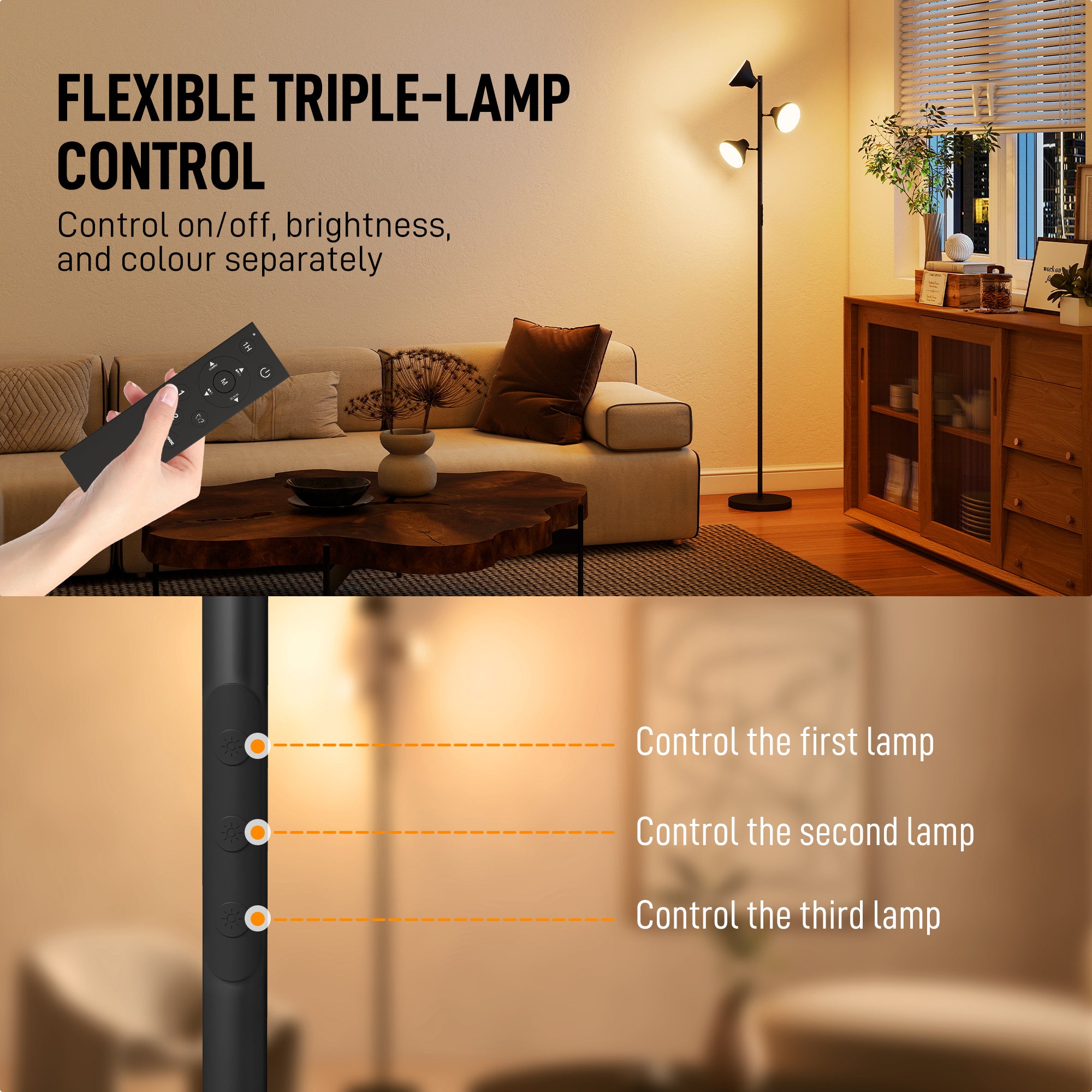 HOMCOM Three-Lamp Multi-Adjustable Floor Light - Black 