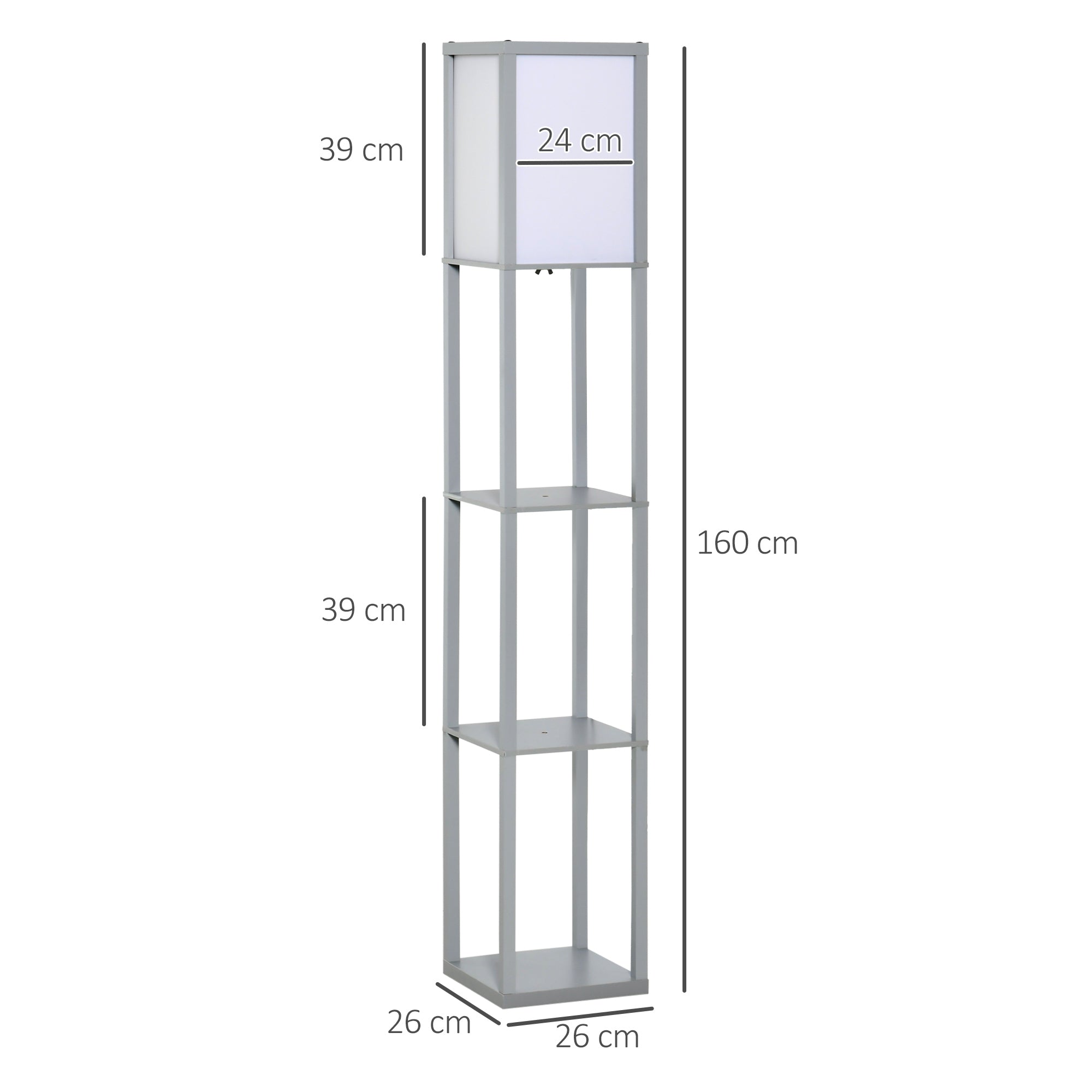 HOMCOM 3-Tier Floor Lamp, Floor Light with Storage Shelf, Reading Standing Lamp with Acrylic Shade for Living Room, Bedroom, Kitchen, Dining Room, Office, Dorm, 160cm, Grey 